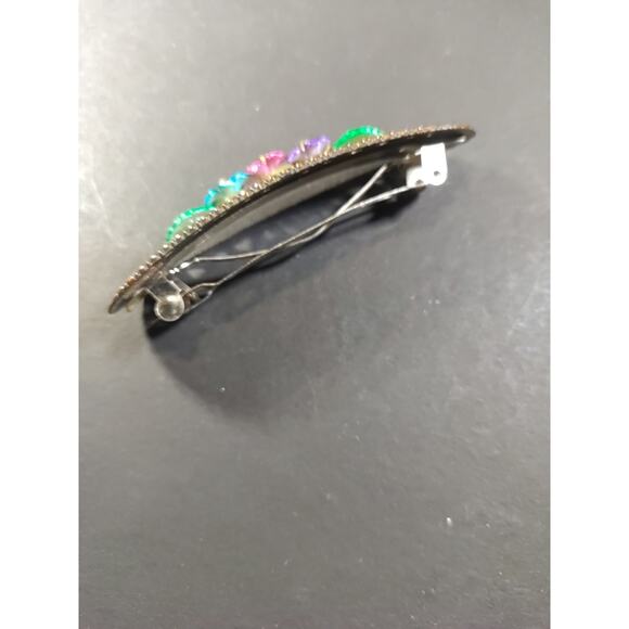 Hair Barrette Tension Clip Dark Gold Tone Green Blue Pink Neon Flowers - Picture 5 of 8